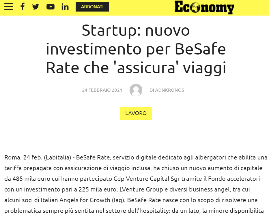 Economy Magazine sull'aumento di capitale di BeSafe Rate